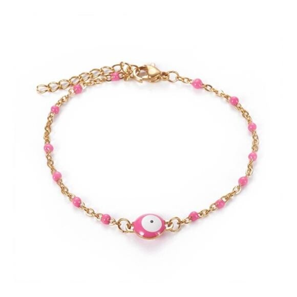 Pink Evil Eye Bracelet – Enamel Stainless Steel Chain, Adjustable Lobster Clasp - Picture 1 of 3